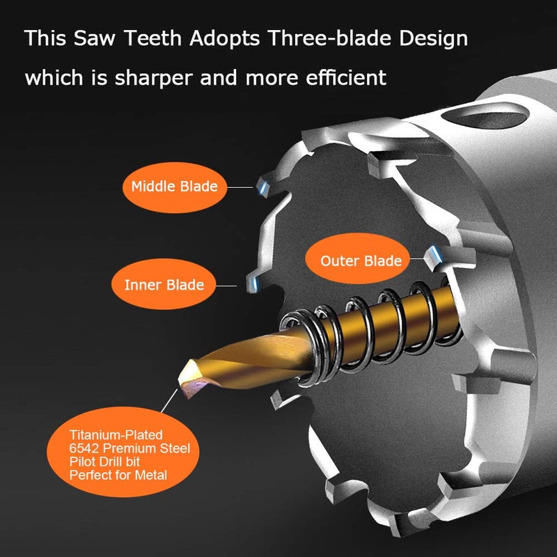 ASNOMY Tungsten Carbide Tipped Hole Saw Drill Bit for Hard Metal, 1-1/2 Inch T.C.T Hole Saw Cutter with 2pcs Titanium-Plated Pilot Drill bit for Metal, Steel, Iron, Wood, Plastic - Image 2